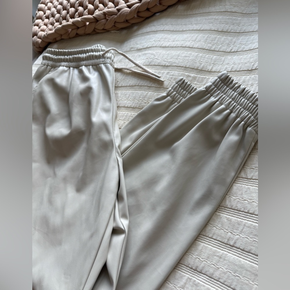 Cream faux leather joggers